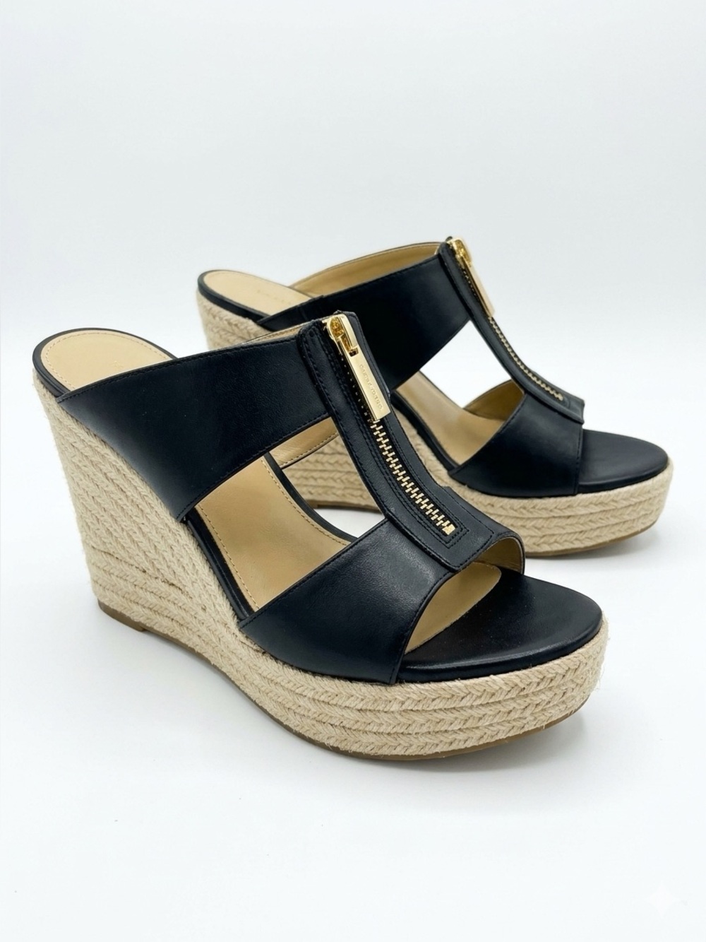 Michael Kors Bradley Black Leather Zip-Detail Espadrille Wedge Sandals